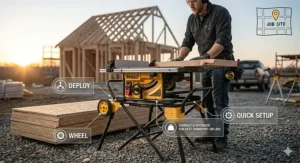 An illustration of a compact table saw on a folding wheeled stand, highlighting a portable table saw for the money.
