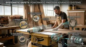 Illustration of the Powermatic cabinet saw blade guard and riving knife system to prevent kickback.