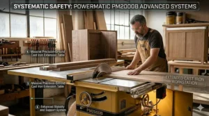 Detailed illustration of the precision-ground cast iron table and extension wings on a Powermatic cabinet saw.