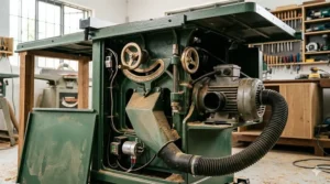 Detailed illustration of a powerful 3-horsepower induction motor and heavy-duty cast iron trunnions inside a professional cabinet table saw.