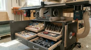 Custom under-table cabinet storage for router bits and saw blades integrated into the saw base.