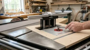 Close-up of a precision router lift installed into the extension wing of a 10-inch cabinet saw.