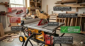 A diagram highlighting standard safety features like a riving knife and blade guard on a value-priced table saw for the money.