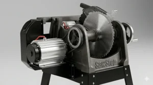 Detailed view of the heavy-duty cast iron trunnion and motor assembly inside a cabinet saw.