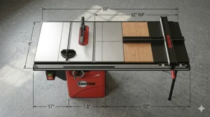 High-detail photorealistic illustration of a SawStop cabinet saw with an overhead blueprint overlay, marking the 52-inch rip capacity on the table extension and listing overall dimensions.