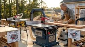 Comparison infographic detailing active flesh-sensing technology versus passive table saw safety alternatives like push sticks and guards.