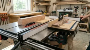 A long-capacity rip fence being used for both table saw cuts and router table shaping.