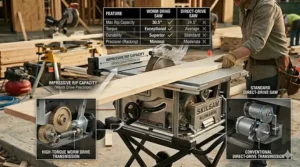 Graphic highlighting the front control dials for blade depth and bevel adjustment on a Skilsaw portable saw.