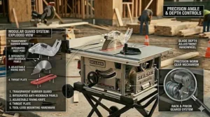 Close up diagram of the rear dust collection port and vacuum hookup on a Skilsaw worm drive table saw.