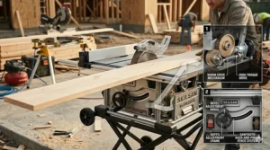 Technical diagram highlighting the rip capacity and precision fence system of a Skilsaw worm drive table saw.