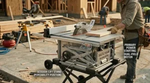 Line drawing demonstrating how to fold and unfold the portable rolling stand of a Skilsaw jobsite table saw.