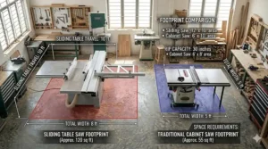 Side-by-side comparison of the floor space required for a sliding table saw versus a traditional cabinet saw.
