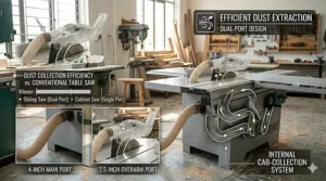 Graphic showing the dual-port dust extraction system on an affordable sliding table saw model.