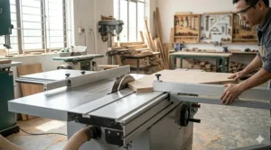 Close-up illustration of a sliding table saw making a precise 45-degree miter cut on a plywood sheet.
