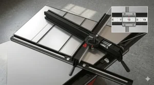 Overhead view of the SawStop T-Glide fence system for precise rip cuts on a cabinet saw.