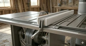 Heavy-duty T-square style rip fence locked onto a 5 HP cabinet saw for accurate longitudinal cuts.
