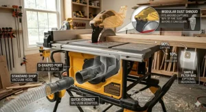 A technical drawing illustrating the dust port and vacuum hookup setup on a top-rated table saw for the money.