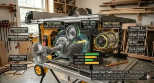 A side-by-side illustration comparing direct drive and belt drive motor systems for a high-value table saw for the money.