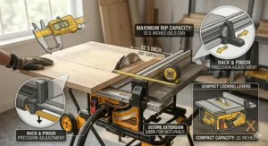 An illustration demonstrating how to measure rip capacity on a budget-friendly table saw for the money.