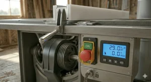 Industrial magnetic power switch and digital blade angle readout on a 5 HP cabinet table saw.