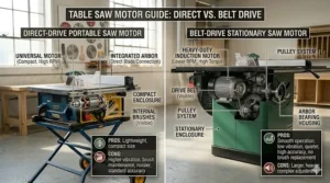 Technical diagram contrasting a direct-drive portable saw motor with a smooth, quiet belt-drive system used in stationary saws.