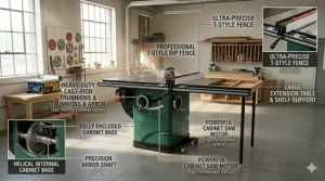 Labeled anatomy diagram of a table saw highlighting the rip fence, miter gauge, riving knife, and blade guard.