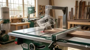 Close-up of a standard table saw riving knife and anti-kickback pawls installed behind the blade for kickback prevention.