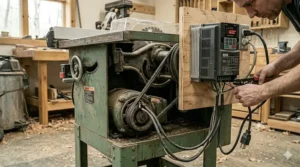 Illustration showing how to connect a 3-phase used cabinet table saw to a single-phase home workshop using a VFD phase converter.
