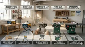 A comparison diagram showing the five main types of table saws from portable jobsite models to heavy cabinet saws.