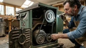 Woodworker aligning a T-square rip fence on a used cabinet table saw for parallel cuts.