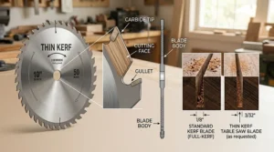 A detailed technical illustration showing the dissected anatomy of a thin kerf table saw blade, with labels for the carbide tip, gullet, and thin body plate.