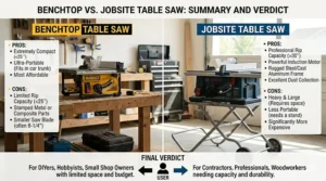 An educational infographic layout detailing a summary comparison, pros and cons, and a final buyer recommendation verdict for a benchtop vs jobsite table saw.