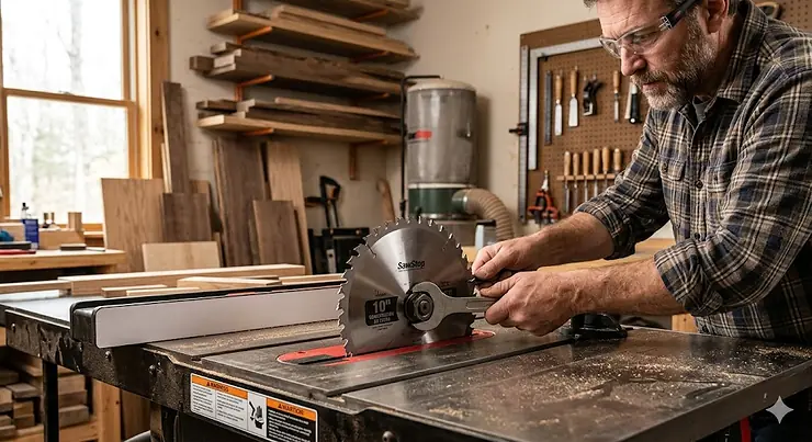 Close-up of a high-quality combination blade for table saw installed for woodworking