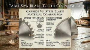 Visual guide comparing carbide-tipped and high-speed steel table saw blades.