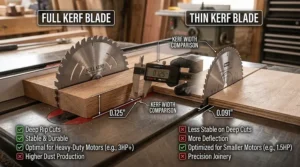 Infographic guide for selecting between full and thin kerf saw blades.