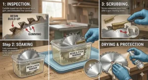 Infographic on cleaning wood resin off a combination blade for table saw maintenance