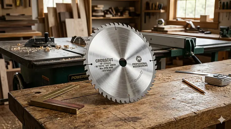 A photorealistic 10-inch crosscut blade for table saw with 80 teeth resting on a rustic workbench in a well-lit woodworking shop.