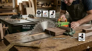 A photorealistic safety illustration showing a woodworker using push blocks and a blade guard when making cuts with a crosscut blade for table saw.