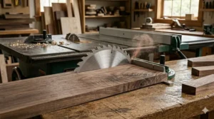 Photorealistic detail of a crosscut blade for table saw making a clean, smooth cut across the grain of a rich walnut board.