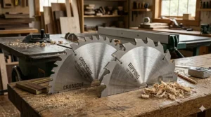 A photorealistic comparison showing an 80-tooth crosscut blade for table saw versus a 24-tooth ripping blade on a workbench.
