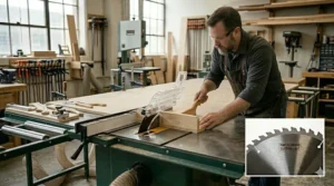 Using a crosscut sled on a table saw for cutting plywood accurately.