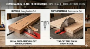 Comparison chart showing how a combination blade handles both ripping and crosscutting