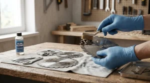 A close-up of gloved hands carefully cleaning resin and residue from the carbide teeth of a single dado blade using a specialized brush and blade cleaning solvent.