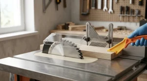 A close-up view of the complete stacked dado blade set installed on a table saw, featuring a clear safety guard, zero-clearance insert, featherboard, and a push stick for safe operation.