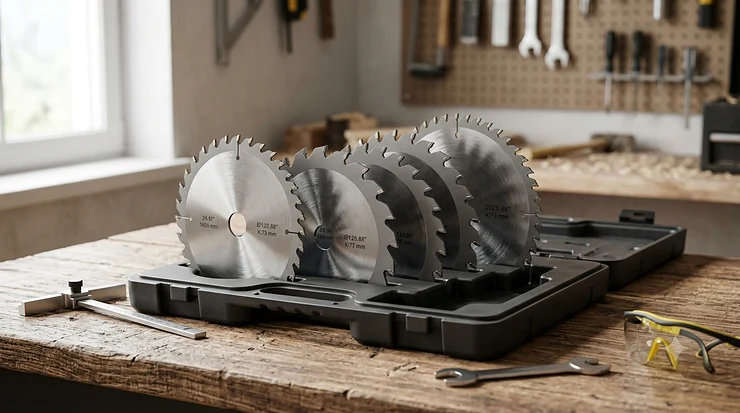 A professional dado blade set for a table saw, meticulously arranged in its storage case on a workbench with surrounding workshop tools.