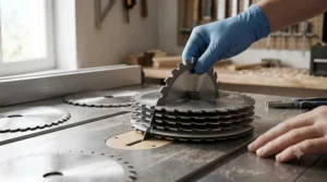 Close-up of wood chippers and outer blades in a dado blade set for table saw, illustrating the custom stack being built on an arbor.