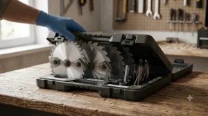 A detailed view of a complete stacked dado blade set organized within its customized protective storage case on a workbench, with a gloved hand securing the latches.