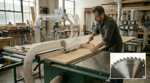 Efficient dust collection system attached to a table saw for cutting plywood.