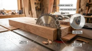 Close-up view of durable carbide teeth on a full kerf table saw blade.