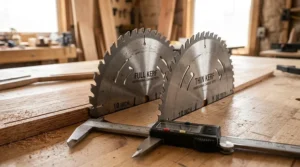 Side-by-side comparison of full kerf and thin kerf saw blade widths.